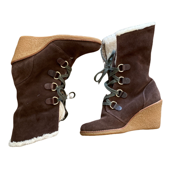 Cole Haan Boots Brown Suede Shearling Lace Up Wedge Heel 7.5 - Picture 6 of 9